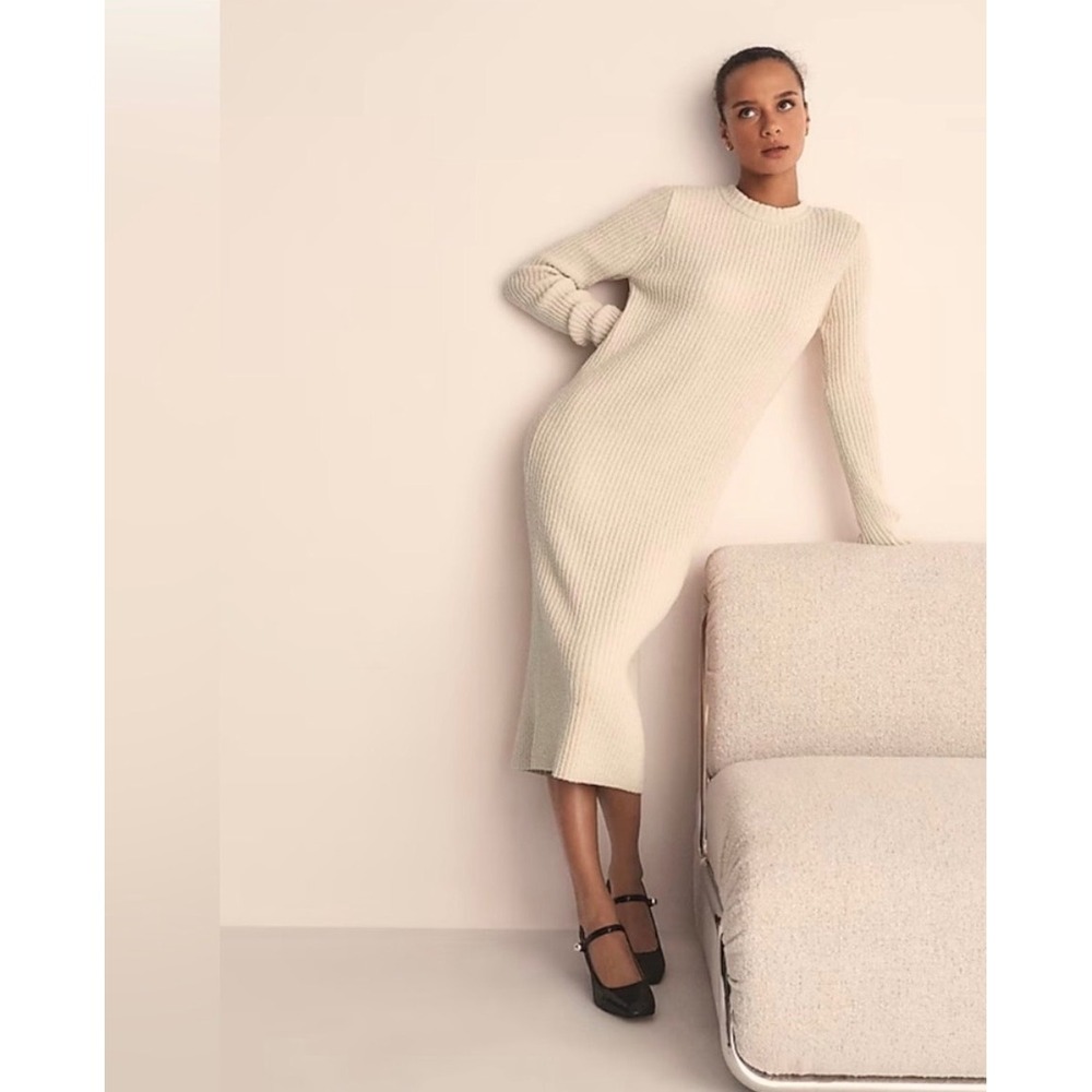 J.Crew | 2024 Ribbed Sweater-Dress XL Beige Long Sleeve Midi Cotton Blend CI336
